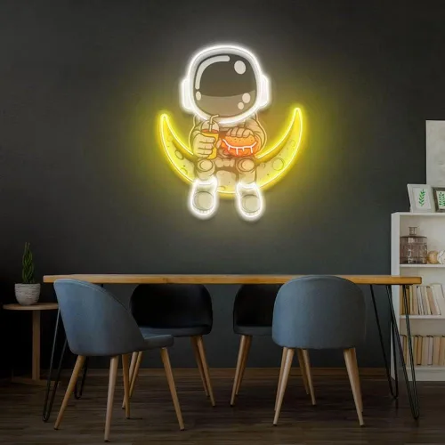Vista 2 de Letrero de neón con diseño de astronauta comiendo hamburguesa con queso, obras de arte hechas a mano, luces LED de luna, letreros de astronauta