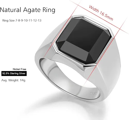 Vista 2 de Meilanduo Anillos de ónix negro para hombre plata de ley 925 anillos de piedra de ágata cuadrada vintage anillos de hombre anillo de hombre