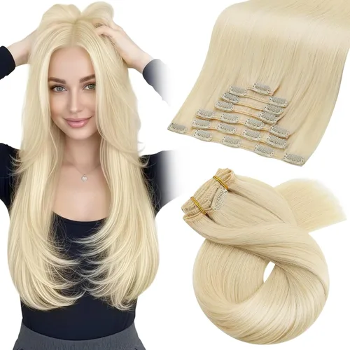 Vista 26 de Moresoo Extensiones de cabello humano con clip, balayage, color marrón oscuro a marrón dorado con clip, extensiones de cabello humano con clip, 5