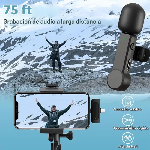 Vista 3 de Micrófono Lavalier inalámbrico para iPhone, Android y iPad, mini micrófono de teléfono con cancelación de ruido, USB C, micrófono de solapa Lav