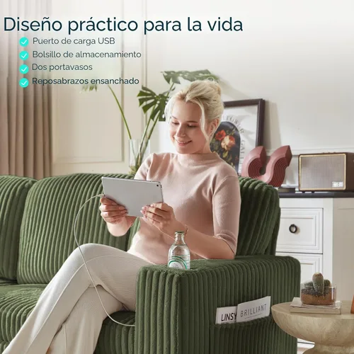 Vista 6 de LINSY HOME - Sofá seccional cama extraíble para sala de estar, sofá en forma de L de corduroy mullido con almacenamiento y carga USB, sofá seccional