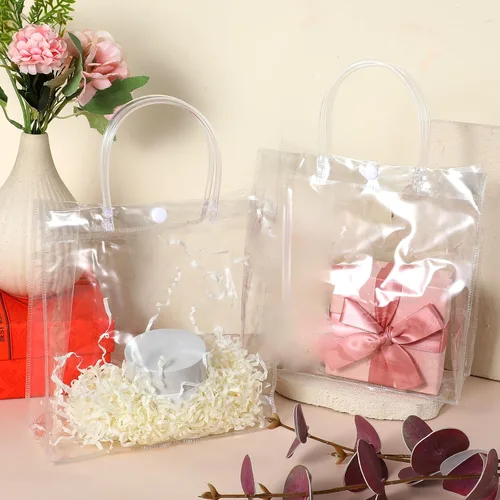 Vista 5 de Limbeuuu 60 bolsas de regalo de plástico transparente con asas, pequeñas bolsas de regalo reutilizables de PVC transparente para compras, recuerdos
