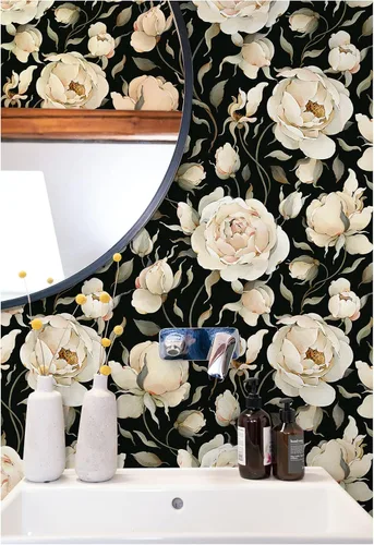Vista 5 de HAOKHOME Papel tapiz autoadhesivo para despegar y pegar, diseño floral de rosas vintage, peonías, papel de contacto extraíble, negro/beige/oliva