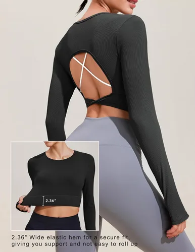 Vista 3 de PINSPARK Camiseta corta de manga larga acanalada para entrenamiento, con espalda abierta, para yoga, con nudo torcido, con agujero para el pulgar