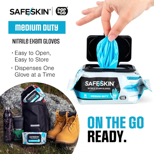 Vista 3 de SAFESKIN Guantes desechables de nitrilo en paquete POP-N-GO (50 o 200 unidades) de servicio mediano, sin polvo, limpieza, jardinería, manualidades