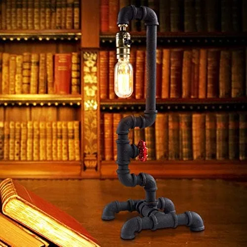 Vista 3 de Lámparas de mesa retro vintage, lámpara de escritorio industrial steampunk de tubo de hierro de 20.87 x 7.87 pulgadas, con mango de válvula roja e