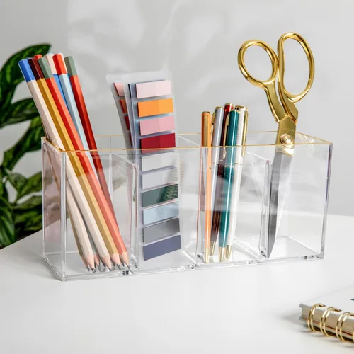 Vista 2 de Martha Stewart Kerry - Organizador de escritorio de plástico con 4 compartimentos, con ribete dorado