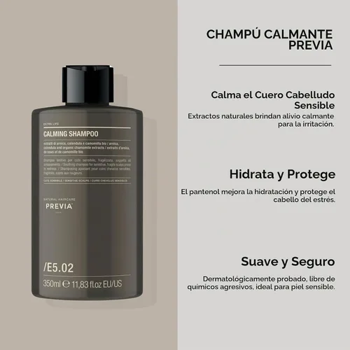 Vista 2 de PREVIA Extralife Champú calmante Fórmula calmante para cuero cabelludo sensible Ingredientes naturales y tensioactivos a base de plantas Sin