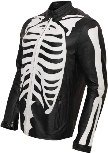 Vista 2 de Chaqueta de cuero negro de motociclista con diseño de esqueleto para hombre