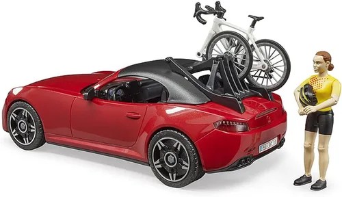 Vista 2 de Bruder Juguetes - Coche recreativo realista Roadster con soporte para bicicletas y bicicleta de carretera con figura de ciclista femenina, el techo