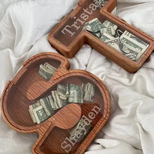 Vista 7 de Alcancía para niños y niñas, hucha grande de 26 letras del alfabeto inglés, de madera personalizada, caja de ahorro de dinero personalizada, nombre