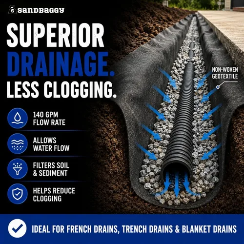 Vista 3 de Sandbaggy Tela geotextil no tejida de 8 onzas para paisaje, fabricada en Estados Unidos, tela de grado industrial con protección UV de 50 años