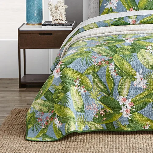 Vista 4 de Tommy Bahama Juego de edredón reversible de algodón con fundas a juego, decoración ligera del hogar para todas las estaciones, Queen, verde/azul