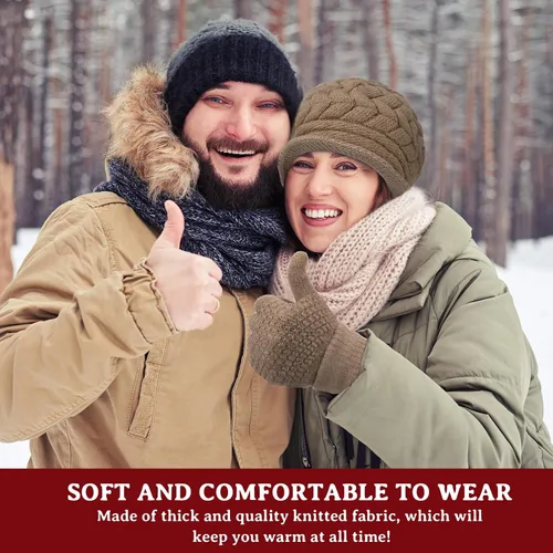 Vista 22 de SATINIOR Juego de 4 gorros y guantes de invierno para mujer, gorro de punto cálido, gorro de esquí de nieve con visera y guante para pantalla rojo