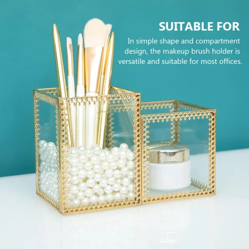 Vista 5 de ULTECHNOVO Two-compartment Glass Makeup Brush Holder Cosmetic Storage Organizer with Lace Design for Vanity Desk and Jewelry Display
