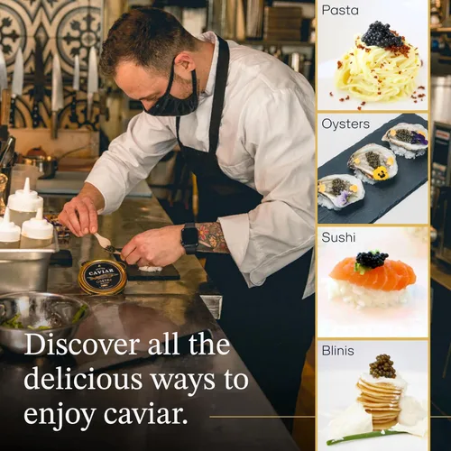 Vista 6 de BESTER CAVIAR Caviar de esturión Osetra prémium – Huevas negras de Malossol Ossetra cosechadas tradicionalmente con cuchara de nácar – Lata