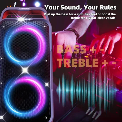 Vista 5 de Foxdawn Altavoz Bluetooth para fiestas: 240 W pico de sonido fuerte, graves profundos, tiempo de reproducción de 15 horas, carga rápida, IPX4
