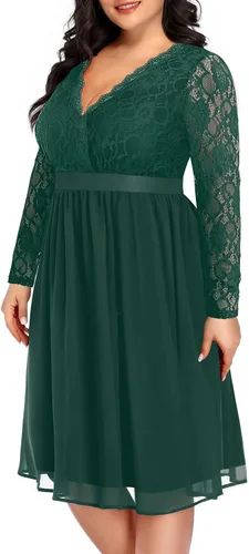 Vista 6 de Plus Size Wedding Guest Cocktail Midi Dress Lace Chiffon V Neck Wrap Negro