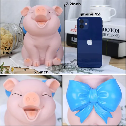 Vista 3 de H&W Lovely Pig - Alcancía con nudo de lazo azul, banco de monedas, creativo e inastillable, puede almacenar 1000 monedas