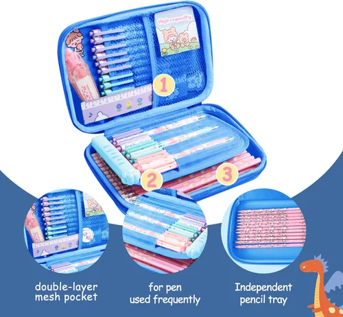 Vista 5 de homicozy Estuche para lápices para niños, bonito juego de papelería de dinosaurio para niños, organizador de lápices escolar de EVA 3D
