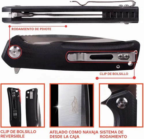 Vista 3 de Firebird GANZO FH91-BK Cuchillo plegable de bolsillo con rodamiento de bolas, hoja de acero D2, mango ergonómico G10 antideslizante con clip Negro