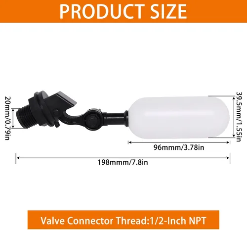 Vista 2 de Válvula de bola flotante de 1/2 pulgada, mini válvula de flotador de agua de plástico con brazo ajustable para control automático de nivel de agua