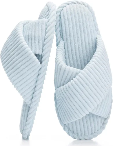Vista 18 de GOEWY - Pantuflas para mujer con espuma viscoelástica para el hogar, con entretejido de pana, tiras cruzadas, con punta abierta, sandalias cómodas