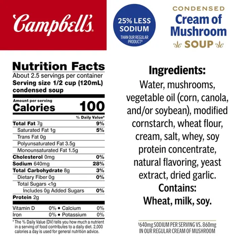 Vista 2 de Campbell's Crema de sodio condensada con 25% menos de sopa de hongos, lata de 10.5 onzas
