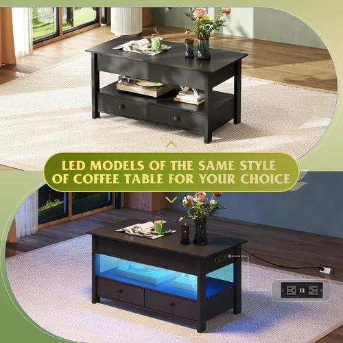Vista 6 de WLIVE Mesa de Centro, Mesa de Centro con Tapa Elevable con 2 Cajones, Gran Almacenamiento y Estante Abierto, Tapa de Mesa Elevable para Sala de Negro