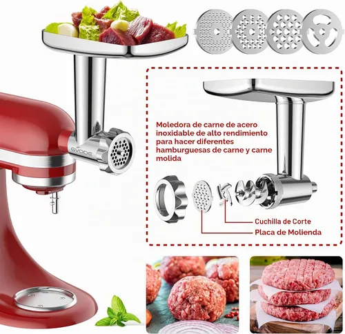 Vista 3 de Accesorios de acero inoxidable para molinillo de alimentos para batidoras de pie KitchenAid, incluyendo relleno de salchichas, acero inoxidable
