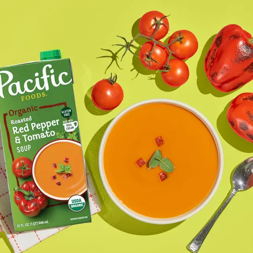 Vista 3 de Pacific Foods Sopa orgánica de pimiento rojo asado y tomate, cartón de 32 onzas