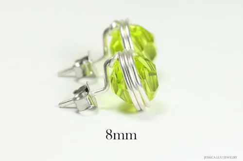 Vista 6 de Jessica Luu Jewelry Chartreuse Green Stud Earrings Sterling Silver or Gold Wire Wrapped Citrus Crystal Handmade