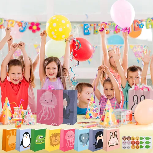 Vista 7 de Paquete de 24 bolsas de regalo para fiestas de animales, bolsas de regalo para niños para fiesta de cumpleaños, bolsas de regalo de papel coloridas