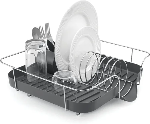 Vista 3 de Polder El escurridor de platos con resorte tiene capacidad para hasta 9 platos e incluye contenedor extraíble e independiente para utensilios (gris)