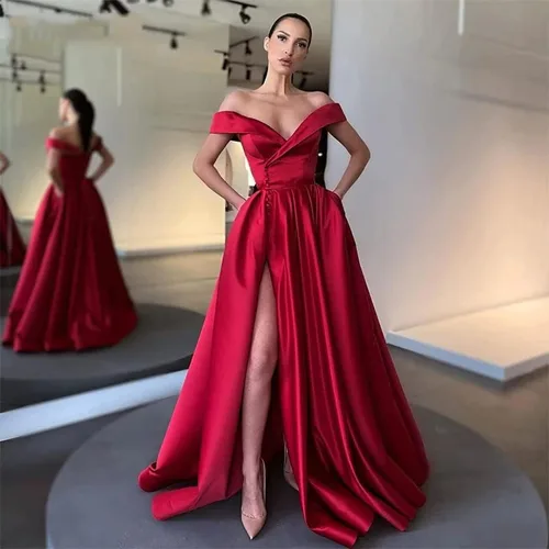 Vista 4 de Jorshiman Vestido de fiesta de satén con hombros descubiertos y cuello en V para mujer, vestido largo de fiesta de noche, vestido de baile