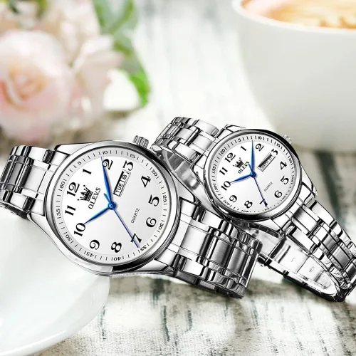 Vista 60 de OLEVS Juego de 2 relojes de cuarzo para parejas de San Valentín, calendario luminoso, ventana de fecha, 3 ATM, impermeable, casual, acero