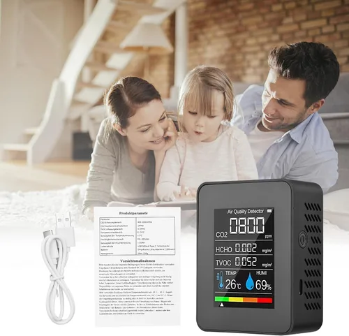 Vista 3 de LANRU Monitor portátil de calidad del aire Detector de CO2 para interiores, 5 en 1, formaldehído HCHO TVOC, probador LCD de temperatura y humedad
