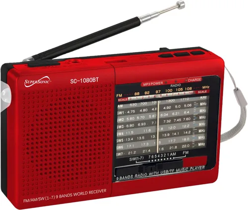 Vista 5 de Supersonic Radio SC-1080BT de 9 bandas con Bluetooth, radio estéreo portátil pequeña multibanda, entrada USB y micro SD, luz de antorcha y batería