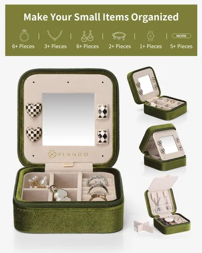 Vista 3 de Vlando Joyero de viaje y organizador, pequeñas cajas organizadoras de joyas para niñas, espejo de terciopelo para aretes, collares, anillos