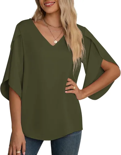 Vista 2 de Blusas de gasa con mangas 3/4 arrugadas de otoño para mujer de Jouica 01amy Verde