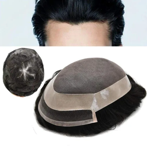 Vista 8 de Toupee para hombre pieza de cabello humano fino mono tupé piel de poliéster transparente alrededor de la pieza para hombres sistema de reemplazo