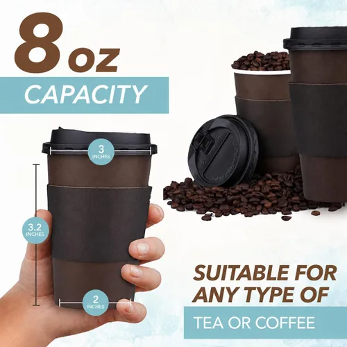 Vista 2 de Promora Tazas de café desechables marrones de 8 onzas con tapas y mangas, fundas desechables para tazas de café caliente, tazas de papel de café