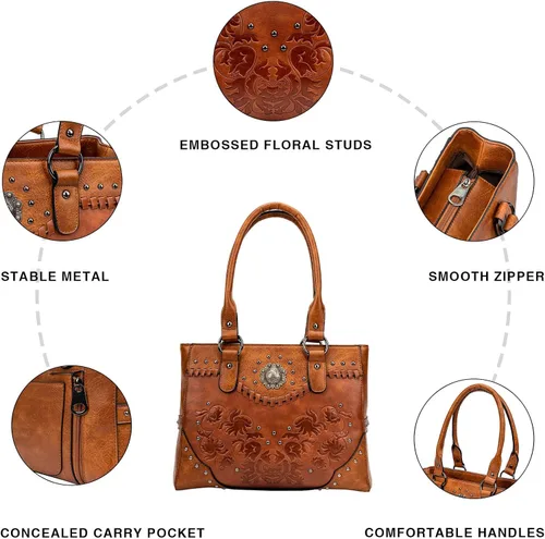 Vista 4 de Bolso de mano para mujer, bolso grande con asa superior, bolso de hombro con bolsas cruzadas pequeñas, carteras vintage occidentales en relieve