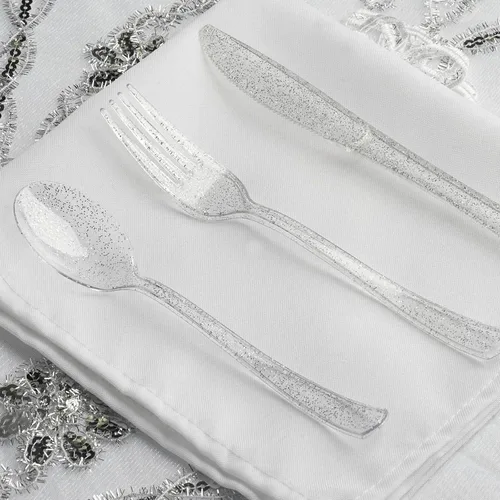 Vista 2 de Efavormart - 100 cucharas de plástico desechables con purpurina plateada para bodas, fiestas, banquetes, eventos, dulces, bufés