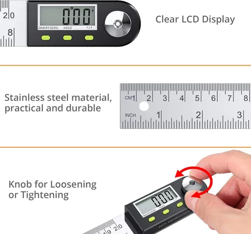 Vista 5 de Neoteck - Regla digital para buscador de ángulos de 8 pulgadas, transportador de acero inoxidable Digital Angle Gauge with Data Hold Function and