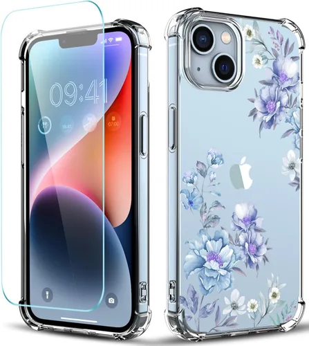 Vista 21 de Funda para iPhone 14, [3 en 1] con protector de pantalla y protector de lente de cámara, diseño de patrón de flores, transparente, suave, a prueba