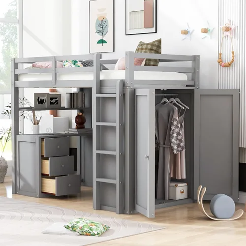 Vista 27 de Cama loft de madera tamaño matrimonial con escritorio en forma de U y espejo de tres pliegues, base de cama tipo loft multifunción con Espresso-10.16