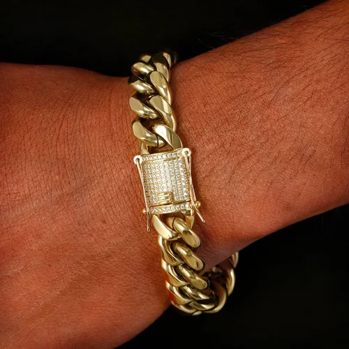 Vista 6 de PY BLING Heavy Stainless Steel Miami Cuban Link Bracelet 8mm-16mm 14k Real Gold Plated with Lab Diamond Clasp Premium Hip Hop Jewelry For Men Women
