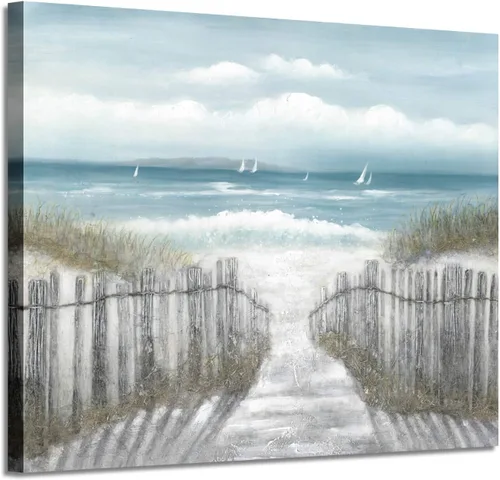 Vista 10 de Lienzo decorativo para pared, camino de playa: camino de arena con pintura de valla a la costa, impresiones artísticas para baño