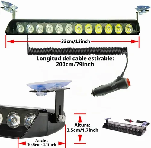 Vista 3 de Luz Estroboscópica de Destello LED Azul de Advertencia de Emergencia con 12 LED, Ventosa para Salpicadero Interior, Techo, Parabrisas, Salpicadero